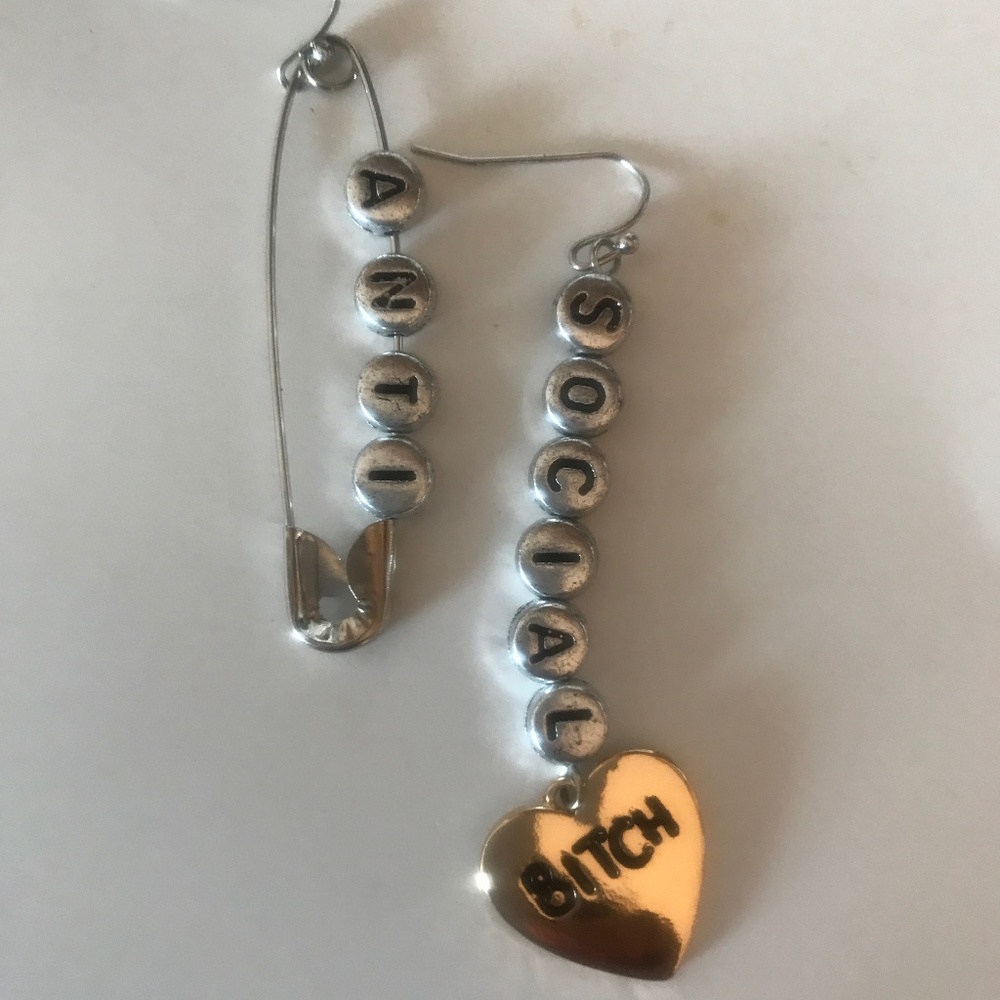 NEW NWT Graphic  “Anti Social B——-“ Earrings. Silver w/Goldtone Heart. Pierced.